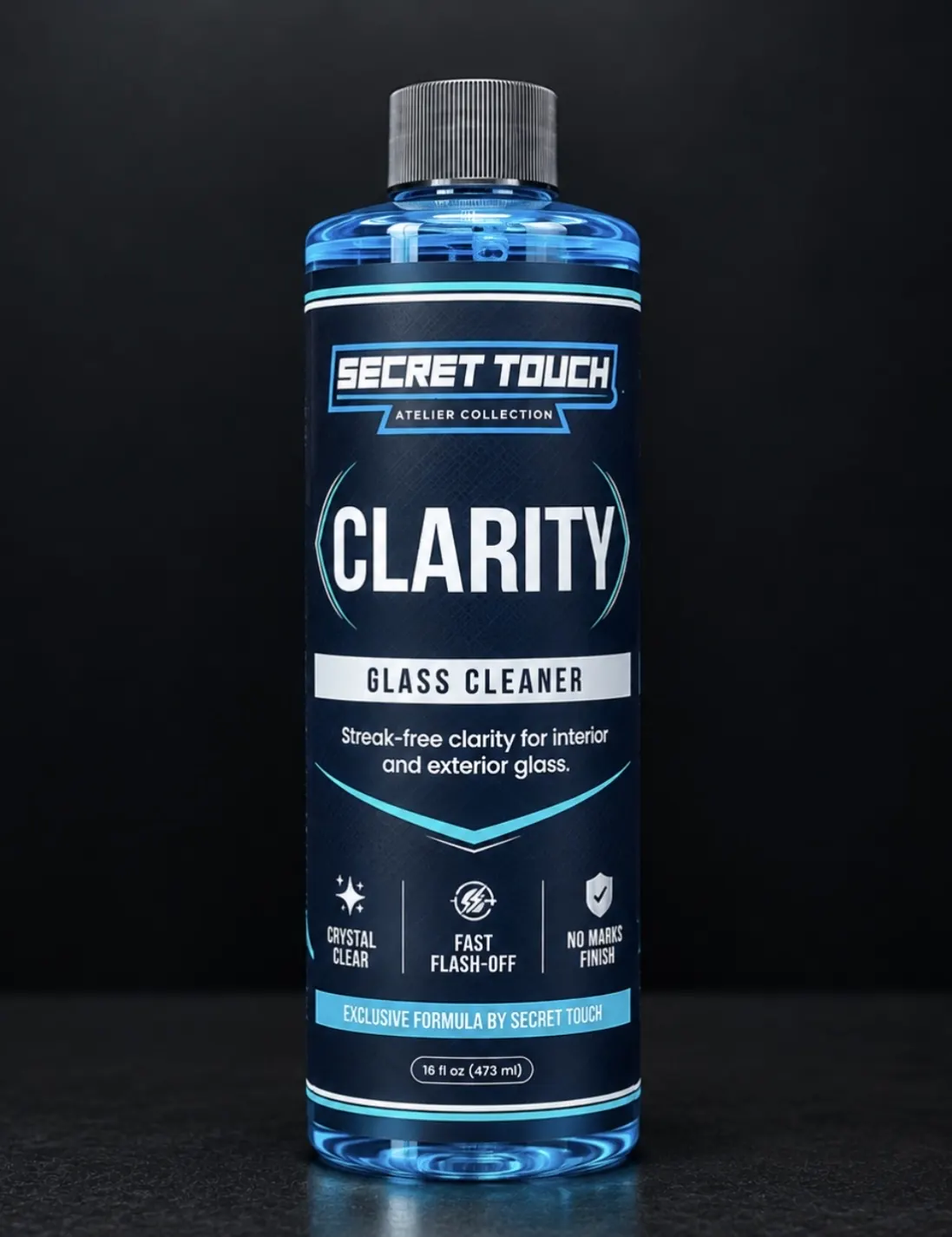 Secret Touch Clarity Glass Cleaner front label - 16 oz streak-free automotive glass cleaner