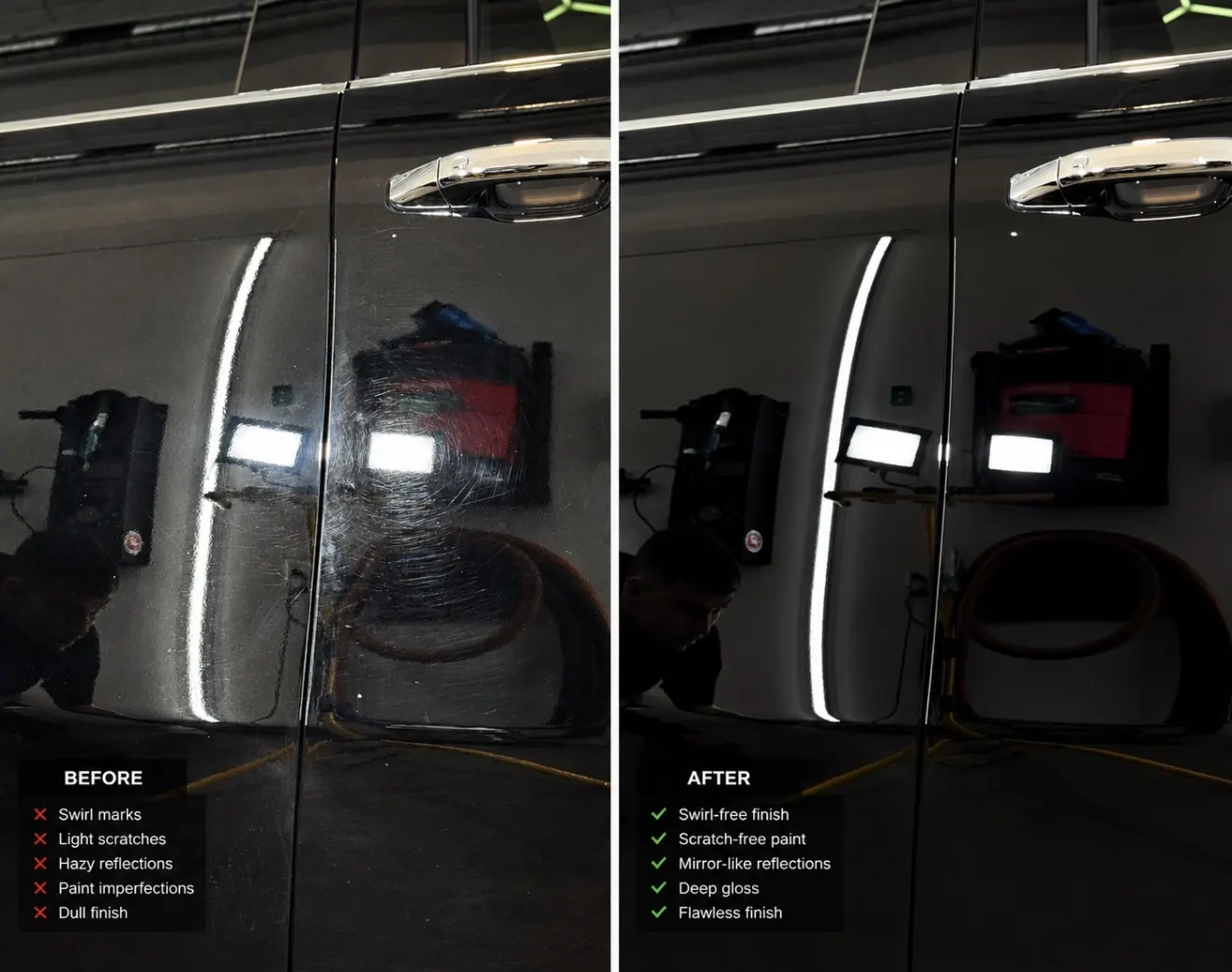 GMC Sierra Denali HD black door before and after paint correction at Secret Touch Auto Spa Shrewsbury MA