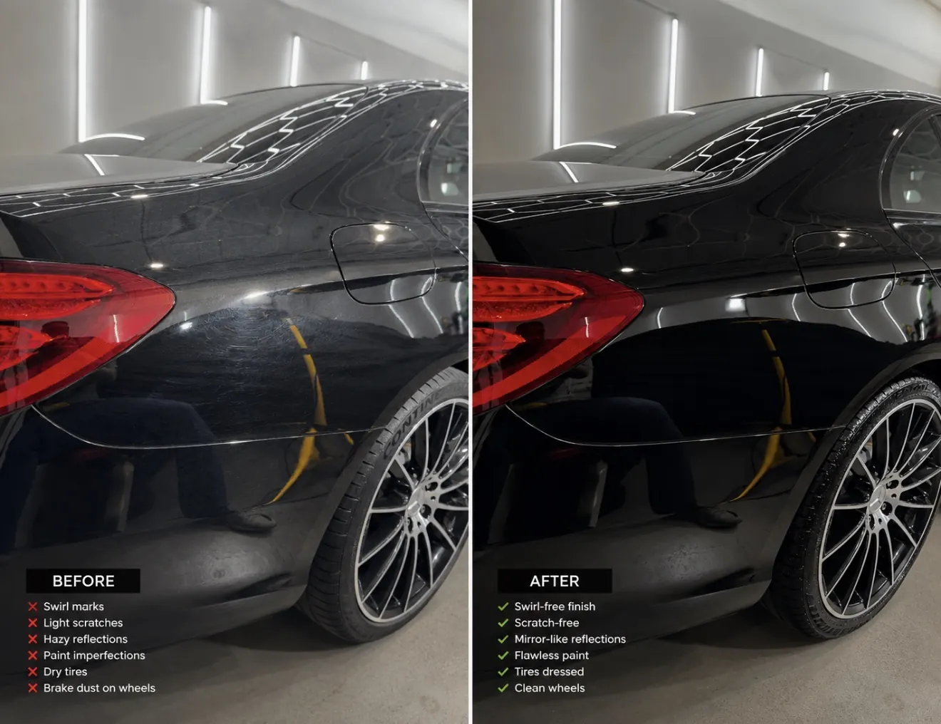 Mercedes-AMG E53 black rear quarter before and after paint correction Shrewsbury MA